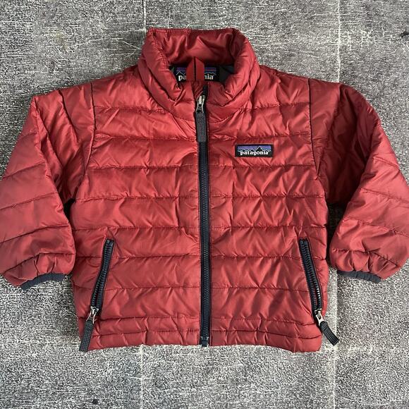 Baby Patagonia Red Navy Blue Down Full Zip Up Puffer Sweater Jacket Sz 12-18M